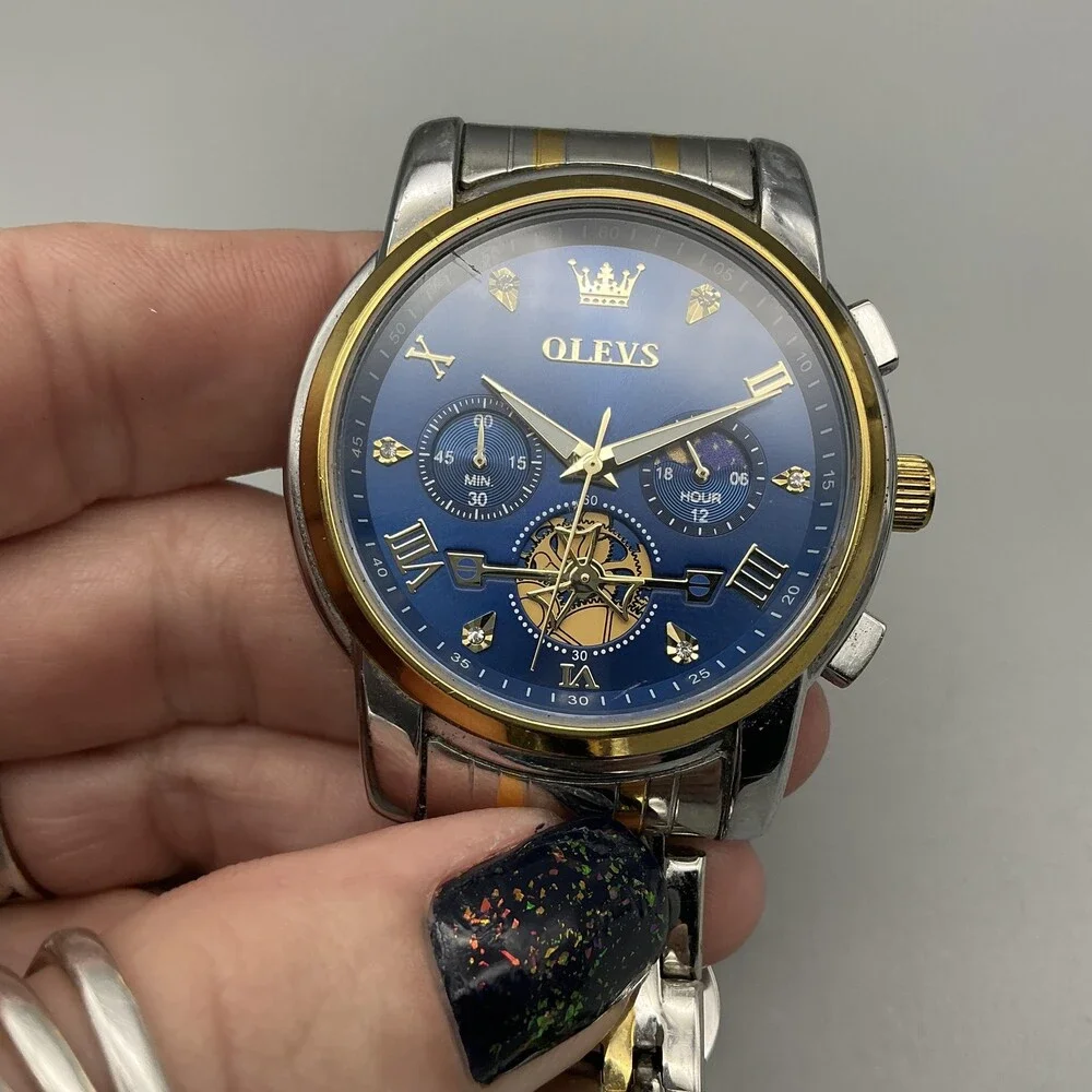 OLEVS 2856G Mens Watch 41mm Blue Dial Two Tone Chronograph New Battery 8.75